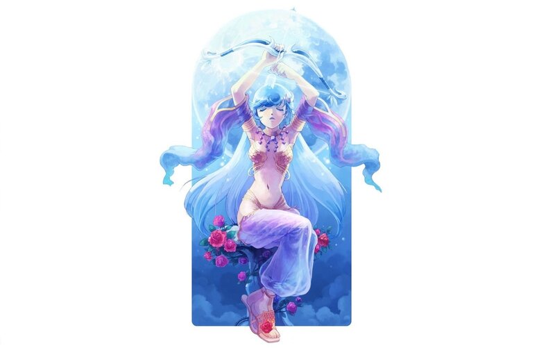 blue-haired archer with bow