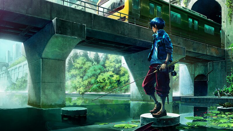 Blue-haired Boy Fishing — Green, Serene, Afternoon, Anime