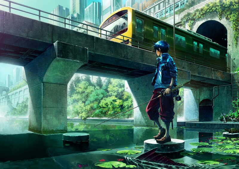 Blue-haired Boy Fishing — Green, Serene, Afternoon