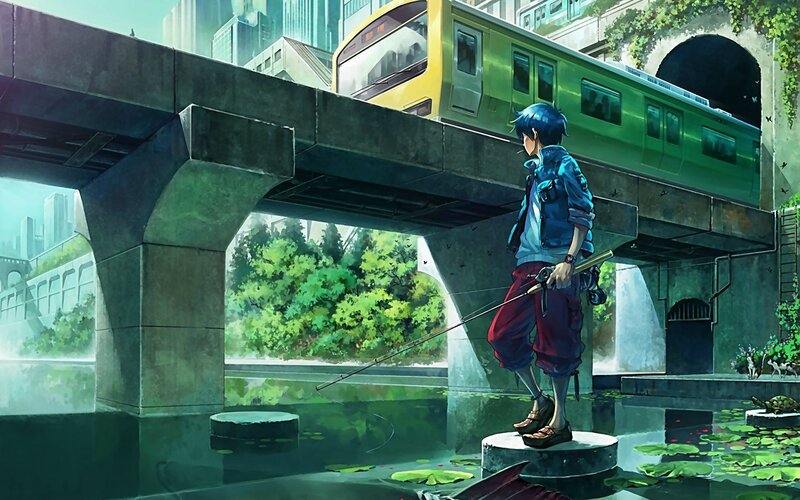 Blue-haired Boy Fishing — Green, Serene