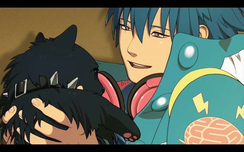Blue-haired Boy Hugging Cat