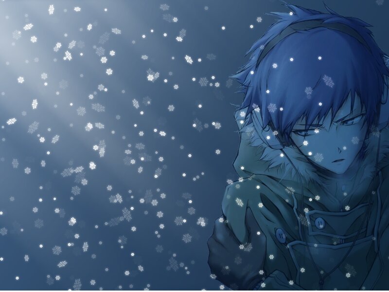blue-haired boy in snow