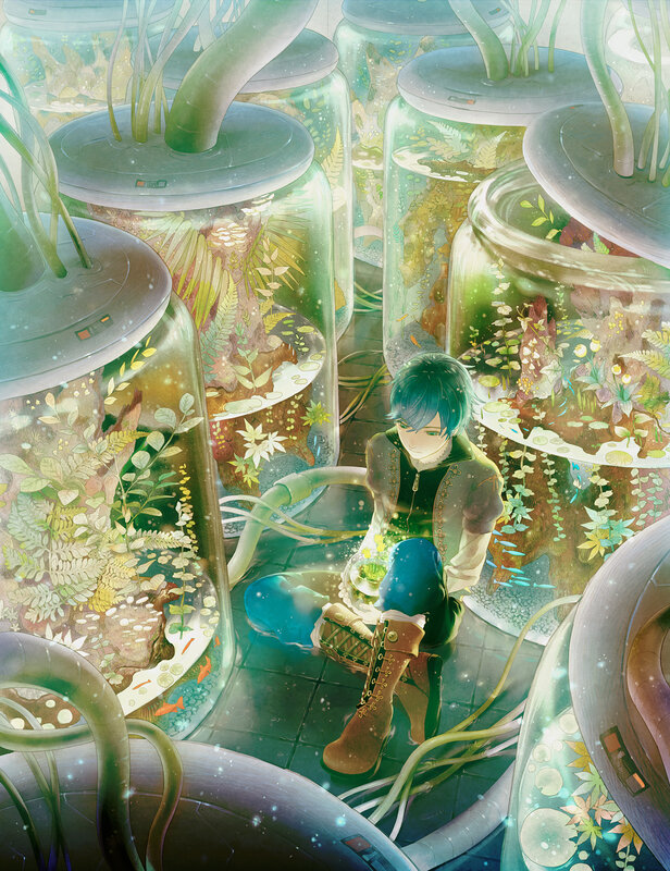 blue-haired boy in terrarium room