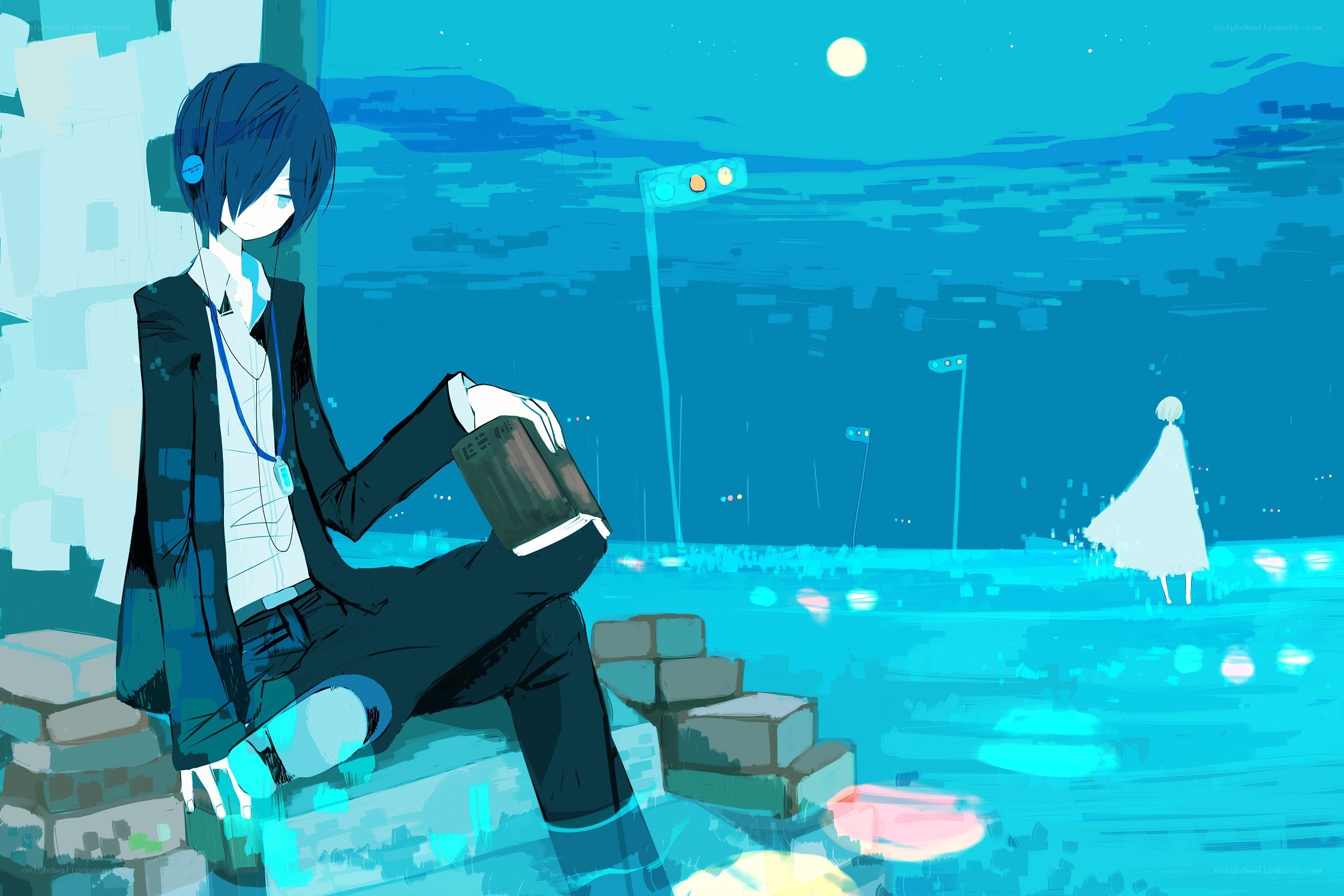 Blue-haired boy reading at night
