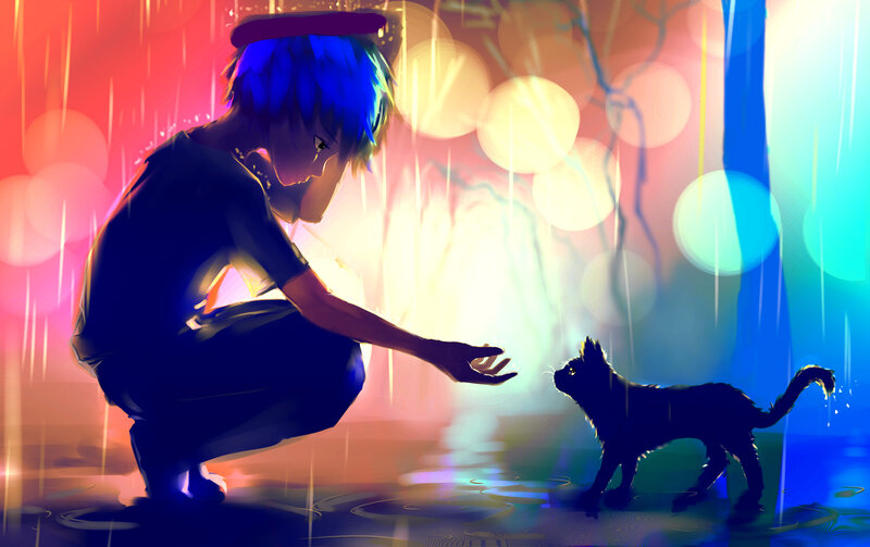 Blue-haired Boy with Cat — Blue
