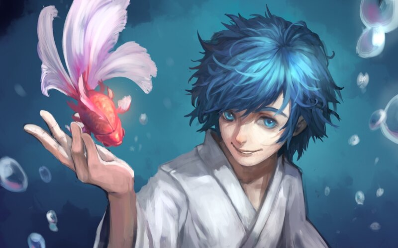 Blue-haired Boy with Fish