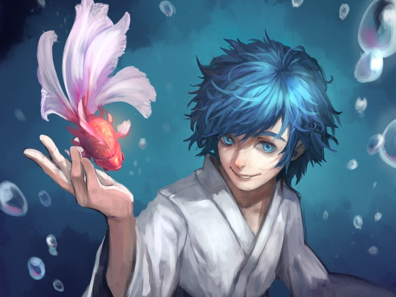 Blue-haired boy with goldfish