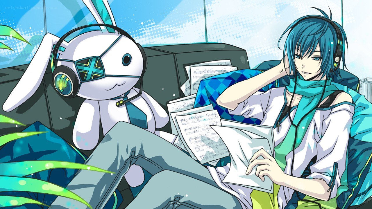 Blue-haired boy with rabbit companion