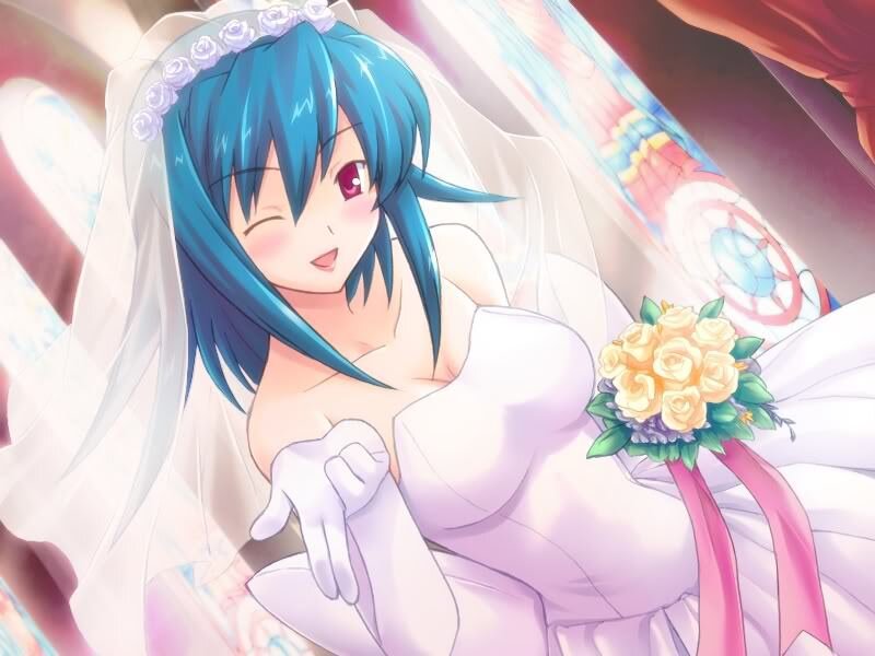 blue-haired bride in wedding dress