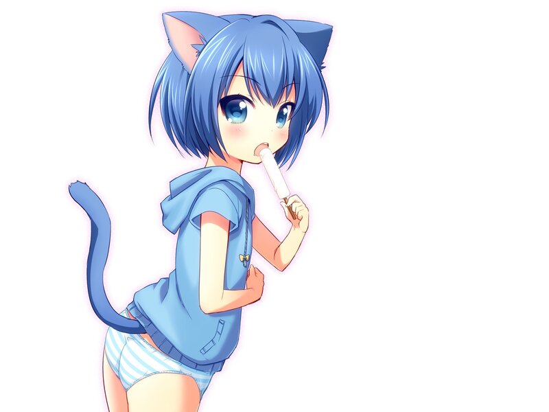 blue-haired cat girl eating ice cream