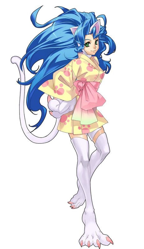 blue-haired cat girl in kimono
