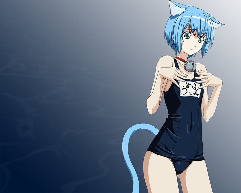 blue-haired cat girl in swimsuit