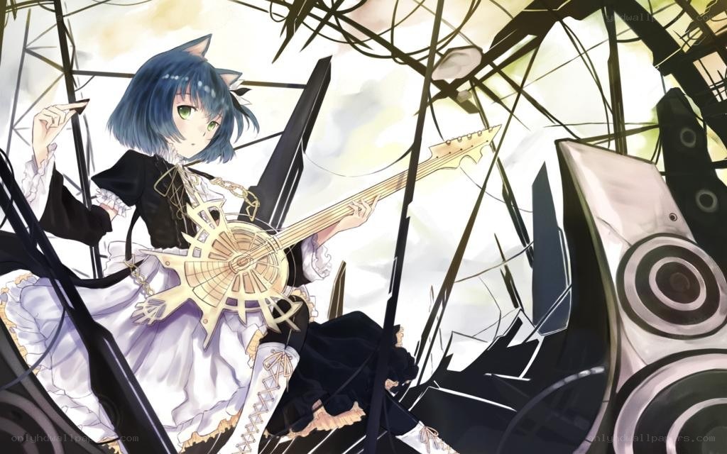 blue-haired cat girl with guitar