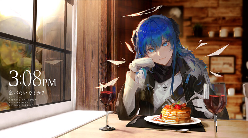 Blue-haired Character at Table