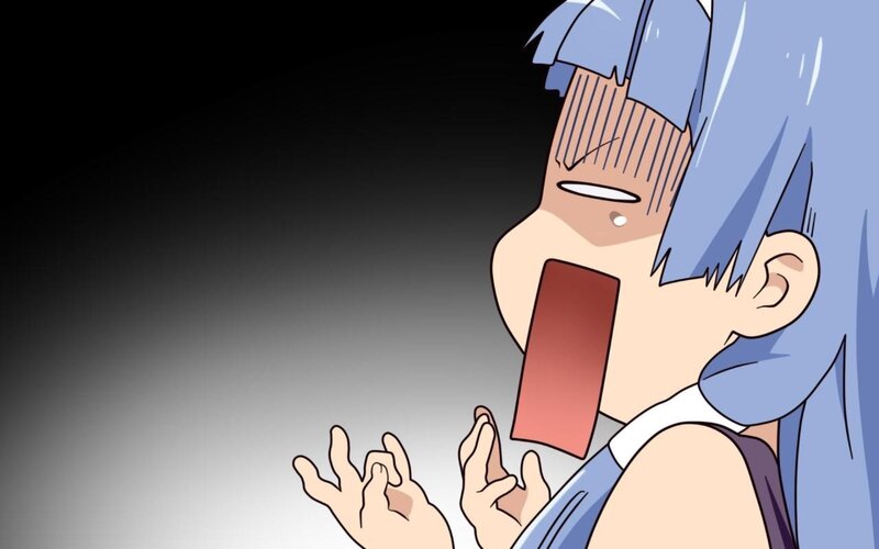 blue-haired character eating