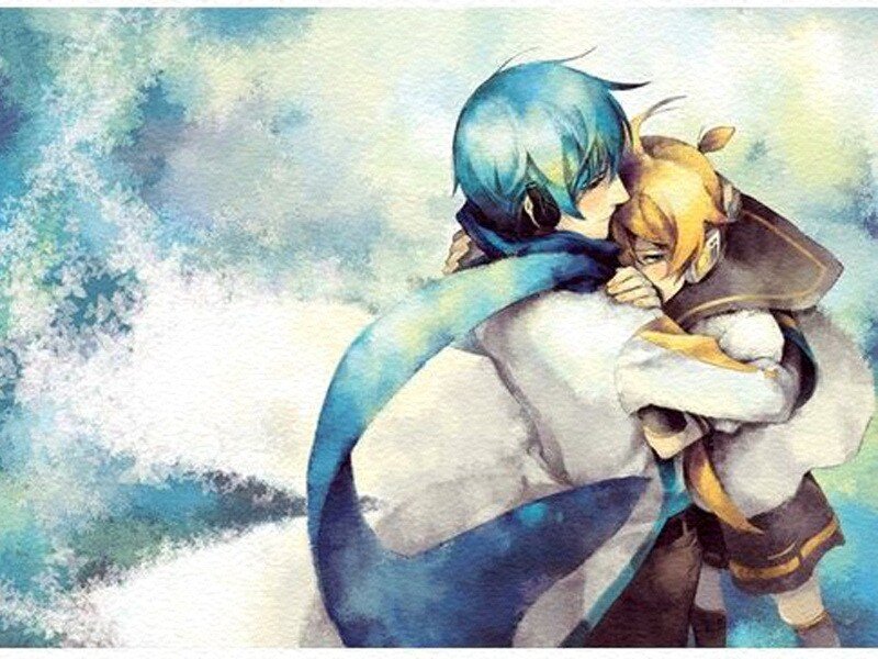 blue-haired character hugging another