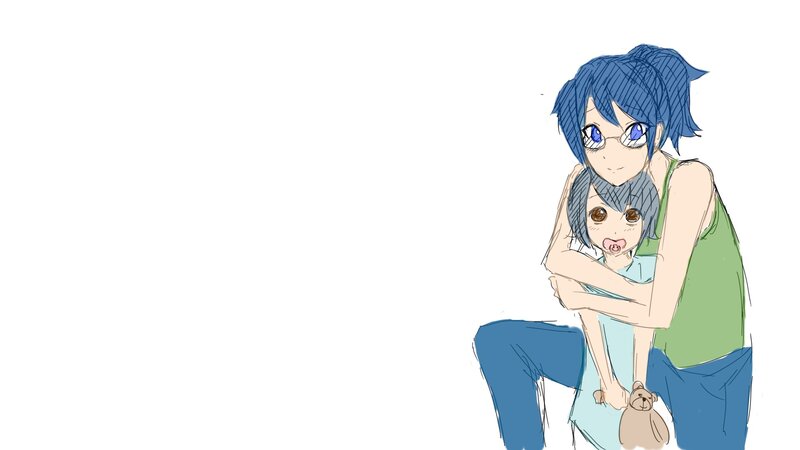 blue-haired character hugging child