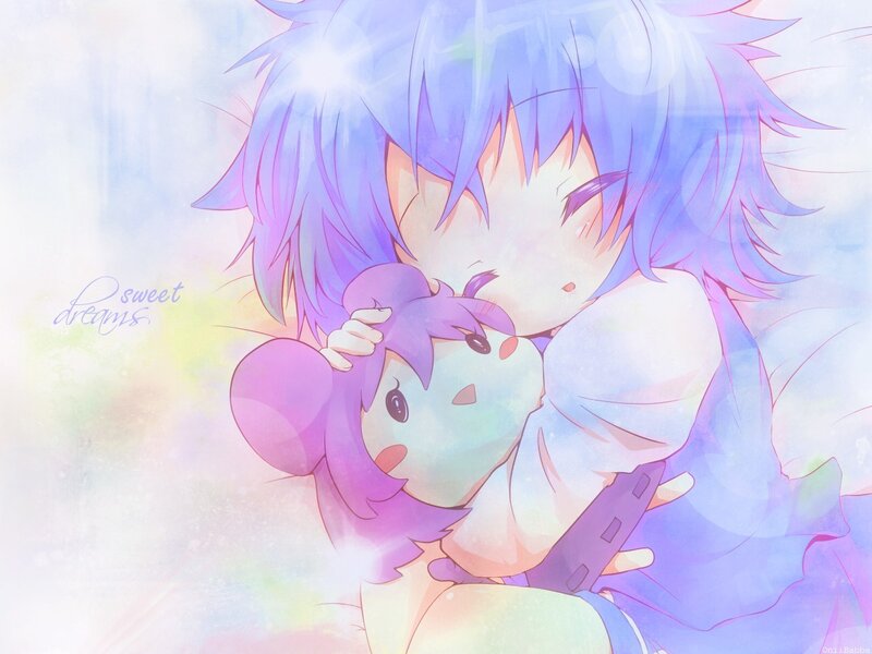 blue-haired character hugging plush