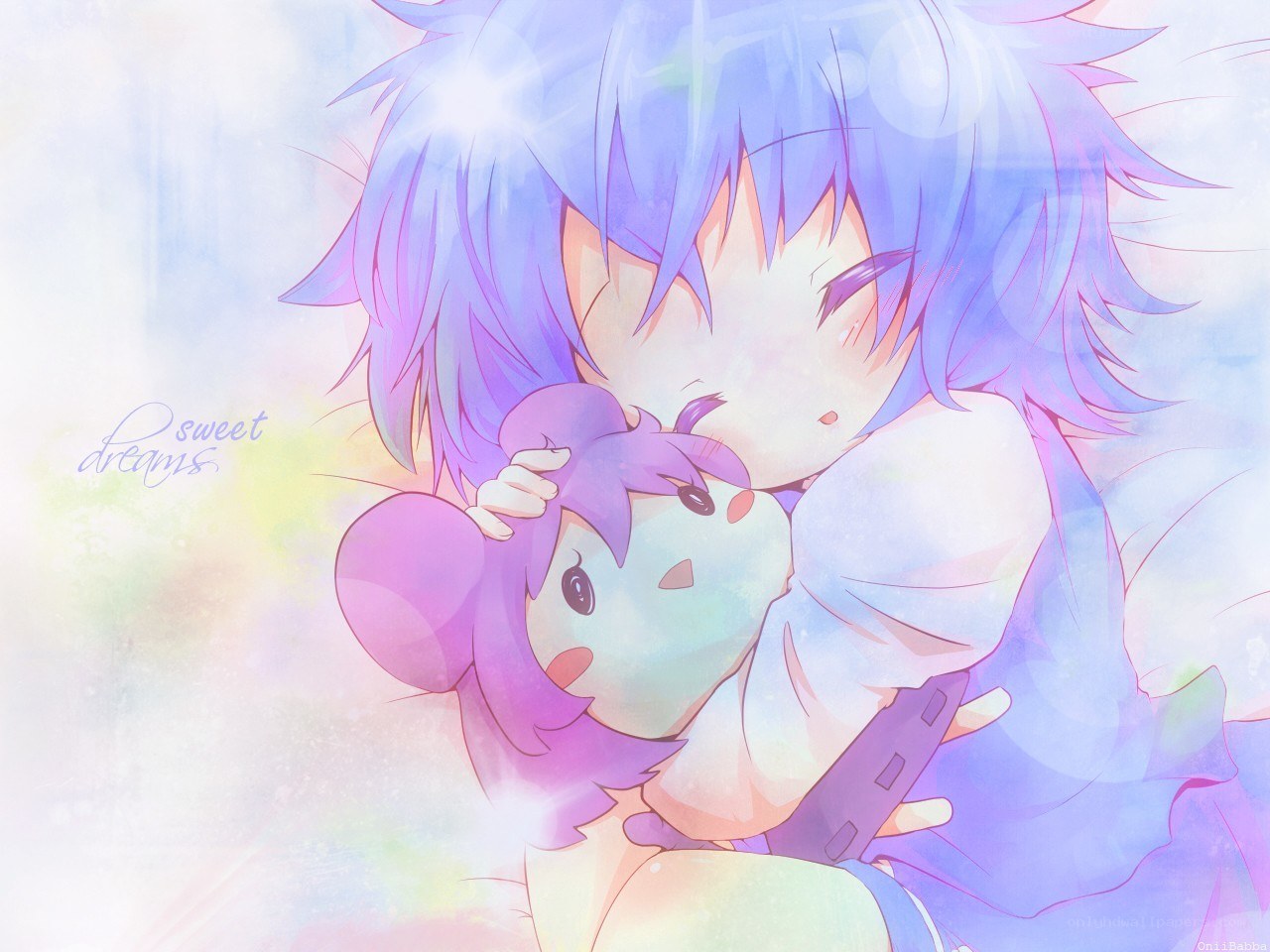 blue-haired character hugging plush