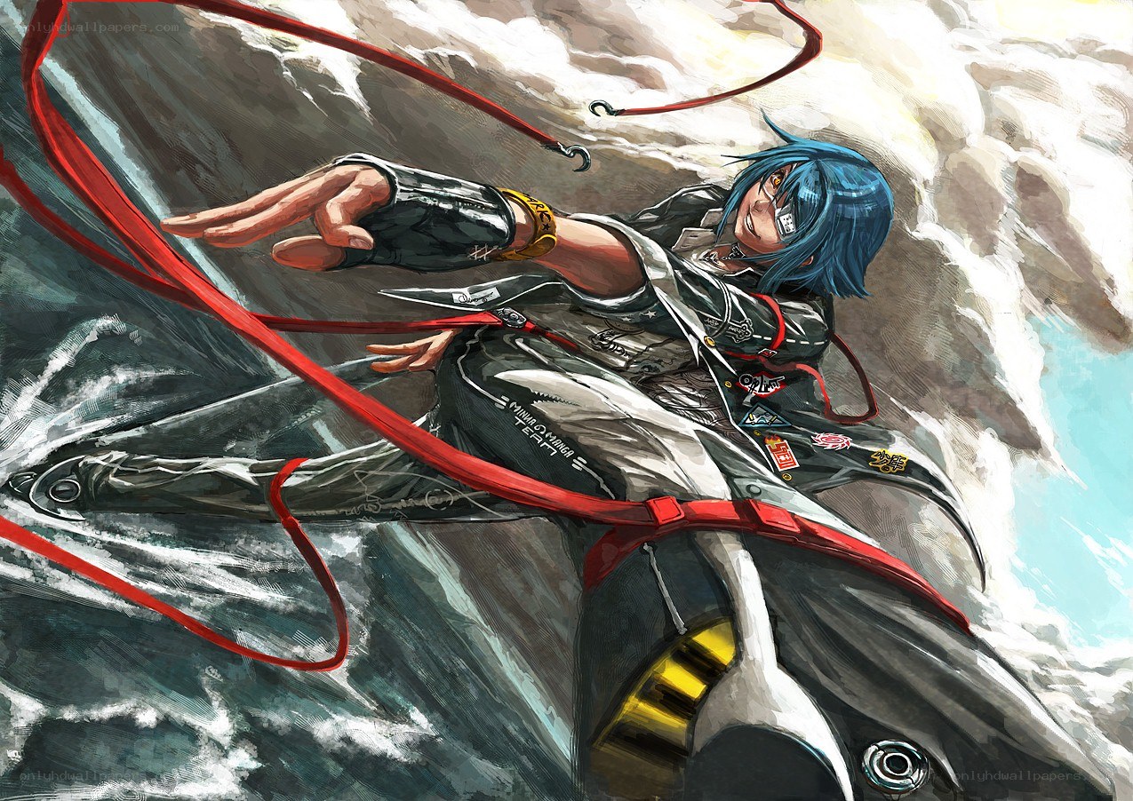 Blue-haired character in action