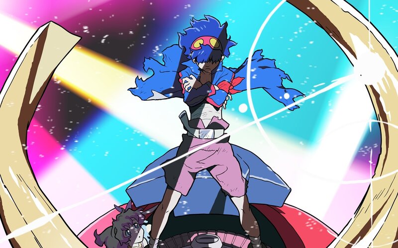 blue-haired character in action