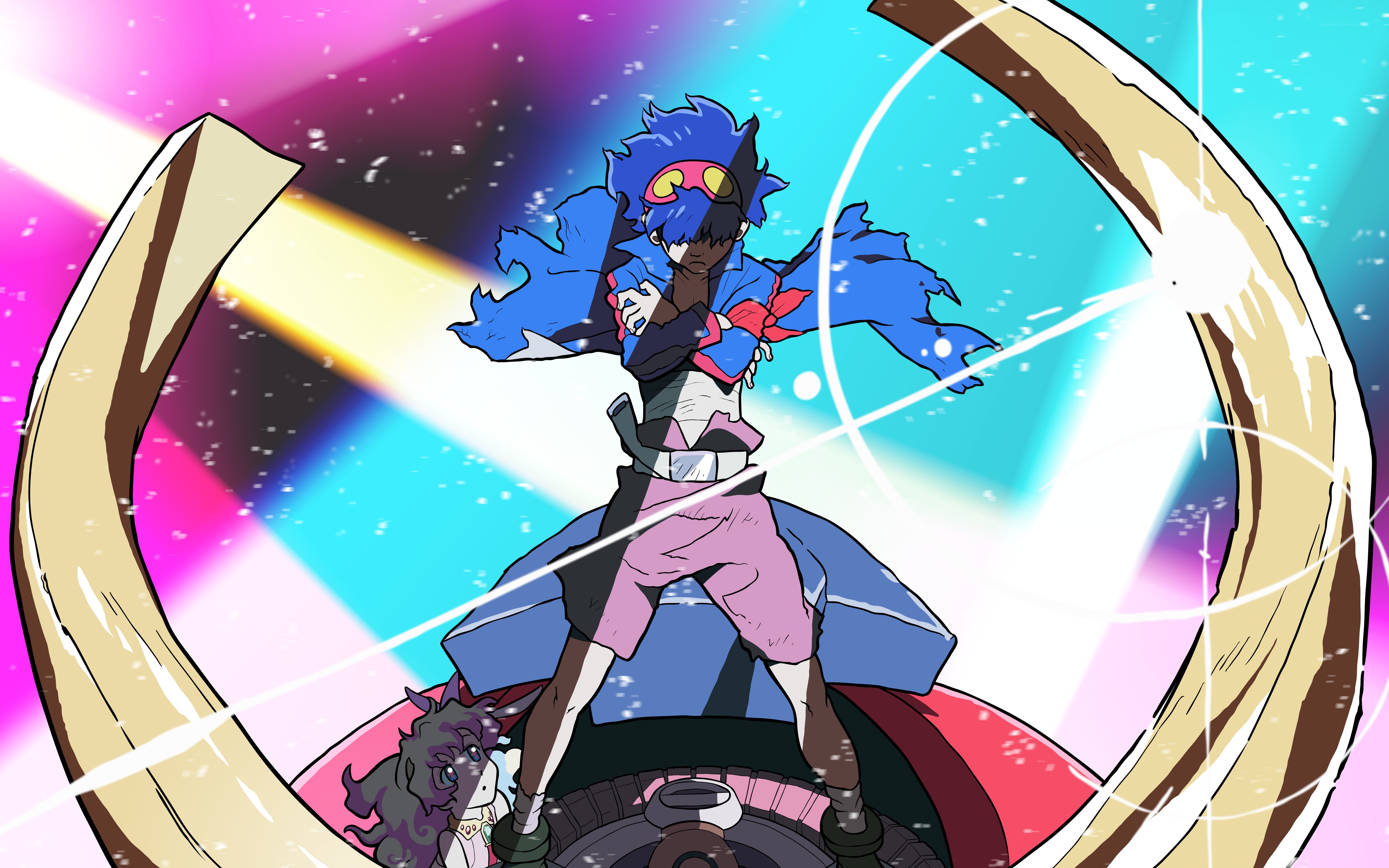 Blue-haired character in action
