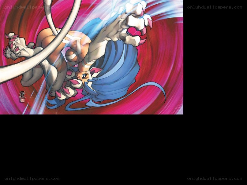 blue-haired character in action