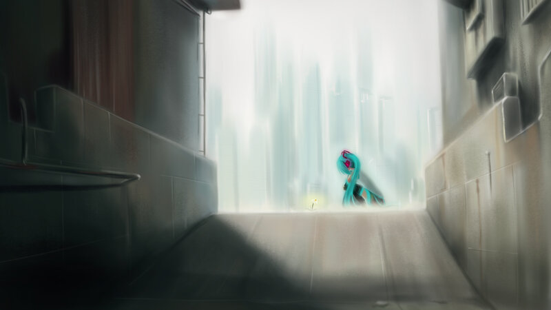 Blue-haired Character in Alley