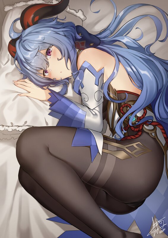 Blue-haired Character in Bed