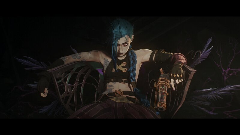 Blue-haired Character in Chair — Black, Dramatic