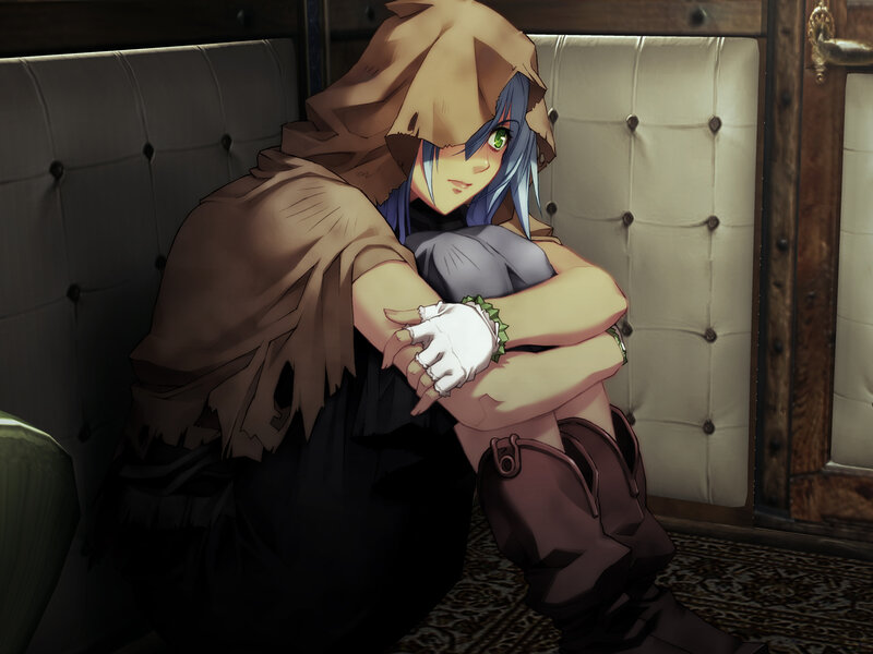 blue-haired character in cloak