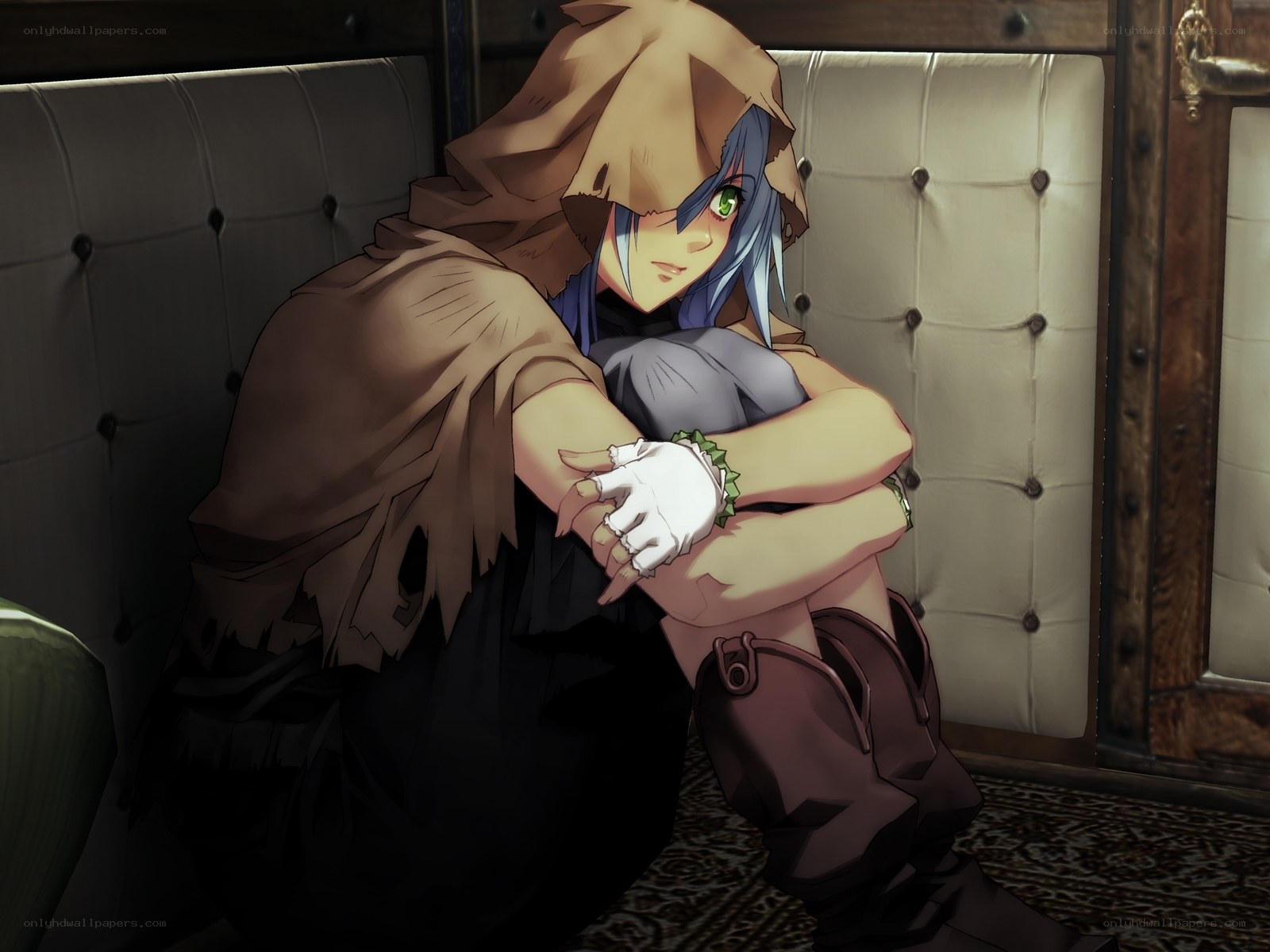 blue-haired character in cloak