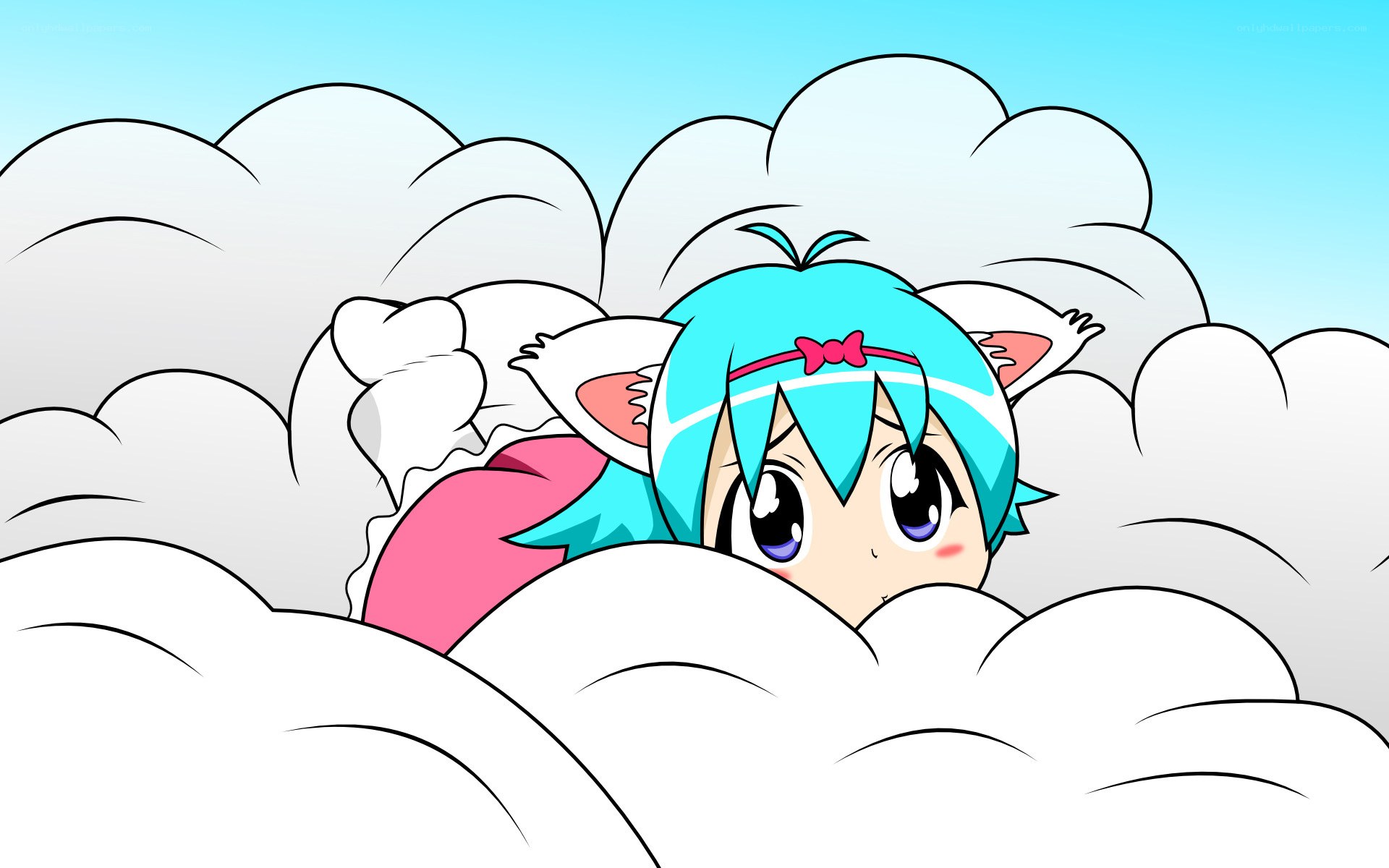 blue-haired character in clouds