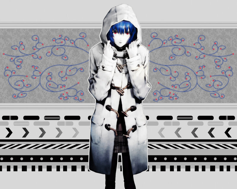 blue-haired character in coat