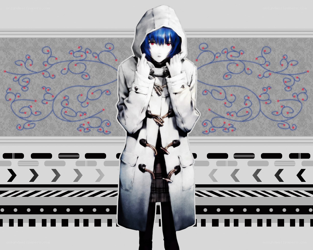 blue-haired character in coat