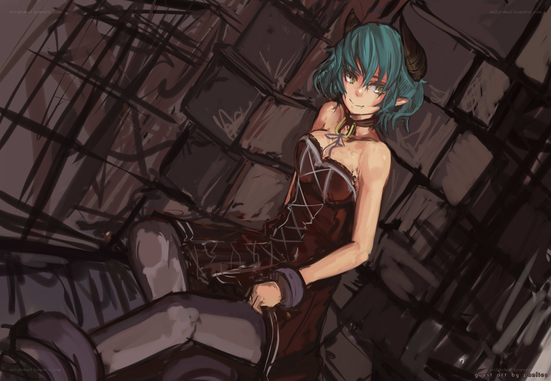 blue-haired character in dungeon