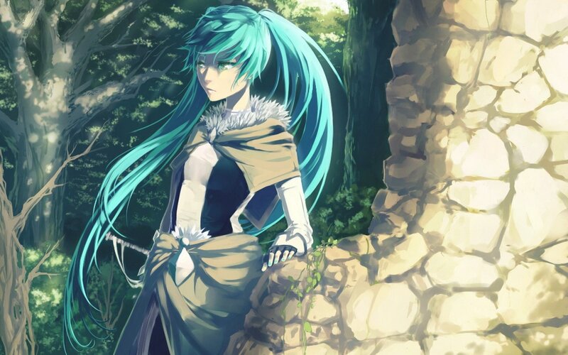 blue-haired character in forest