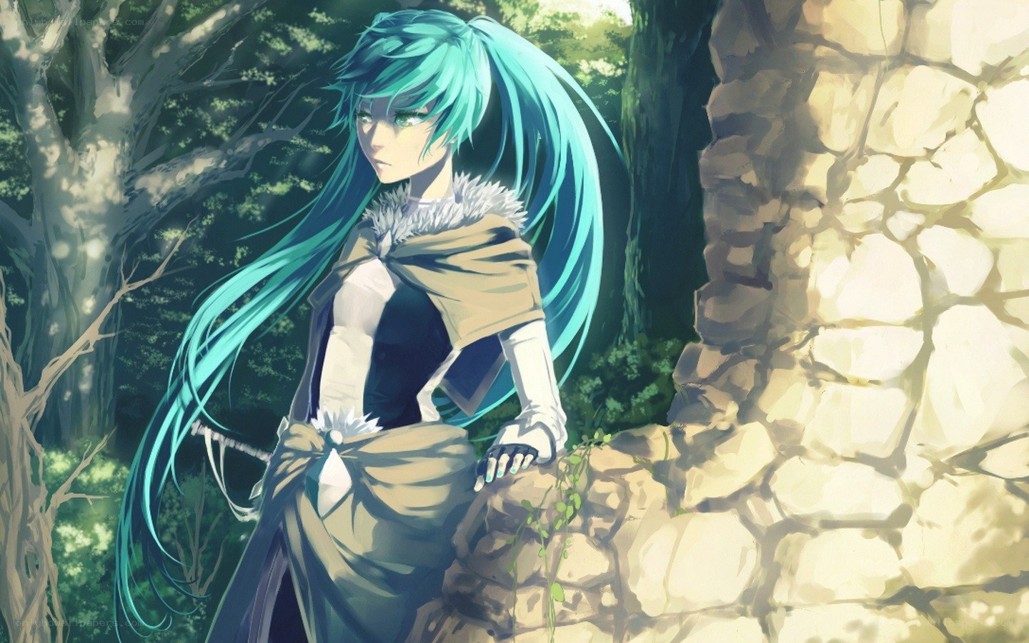 blue-haired character in forest