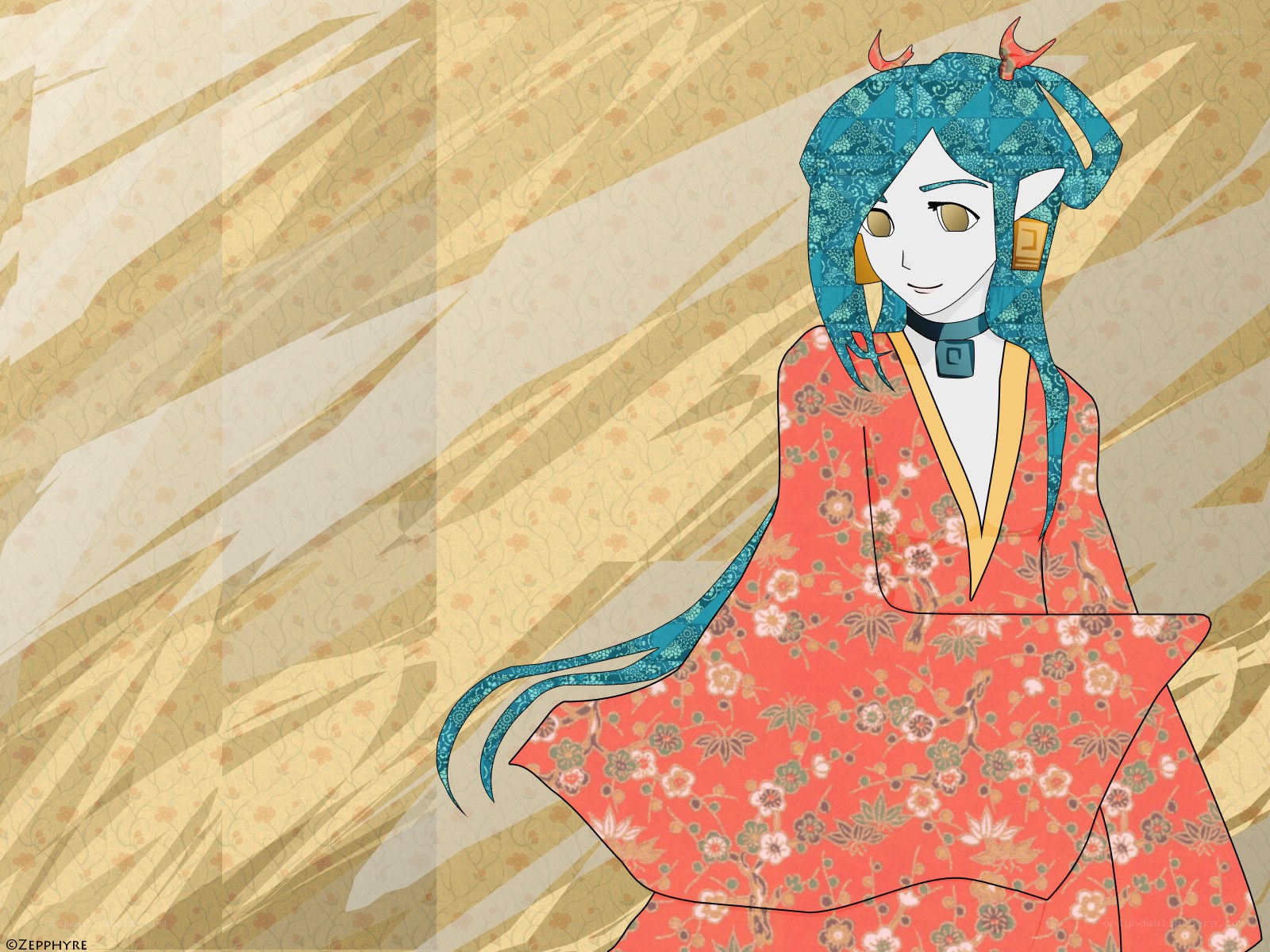 blue-haired character in kimono