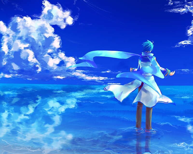blue-haired character in ocean