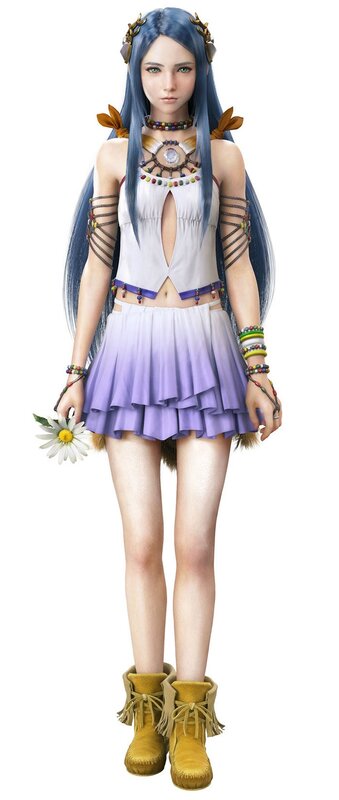 blue-haired character in purple dress