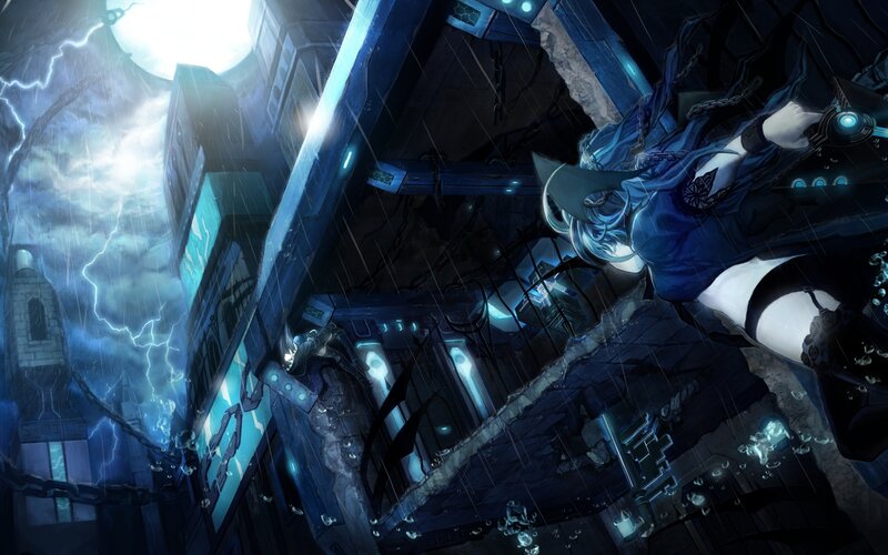 Blue-haired Character in Rain — Blue, Dramatic, Dark