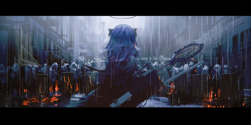 Blue-haired Character in Rain — Blue, Dramatic, Night, Digital Art