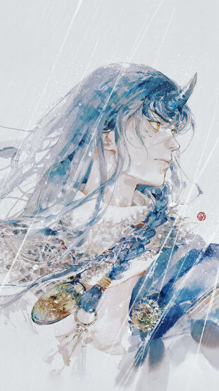 Blue-haired Character in Rain — Blue, Dramatic