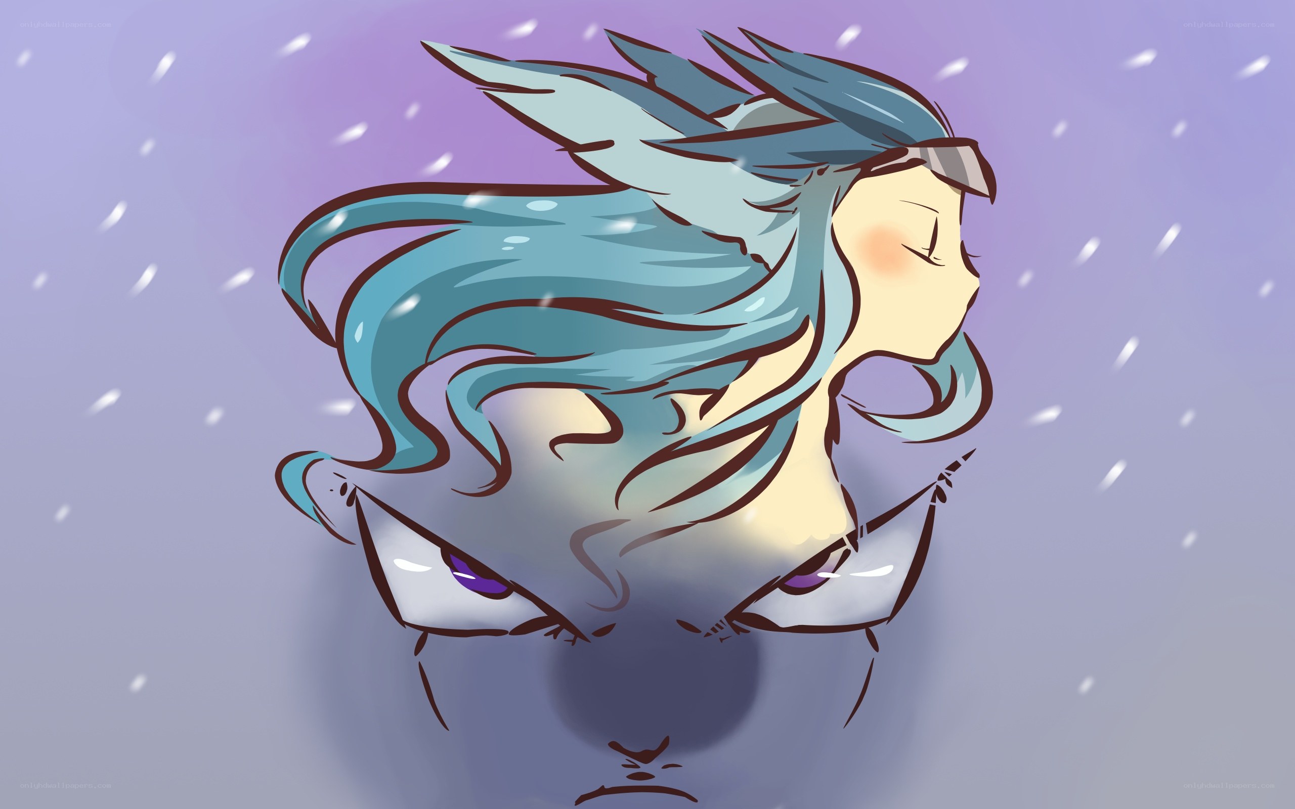 blue-haired character in snow