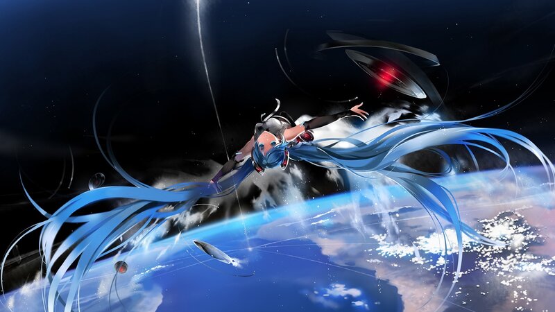 Blue-haired Character in Space — Blue, Dramatic, Night, Digital Art, Earth