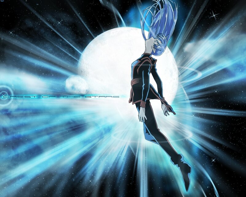 blue-haired character in space