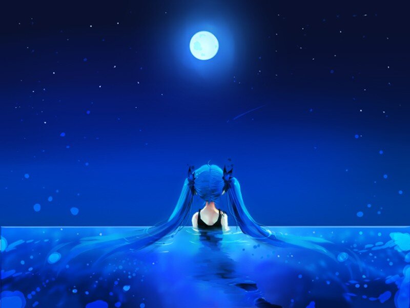 Blue-haired Character in Water — Blue, Serene, Night
