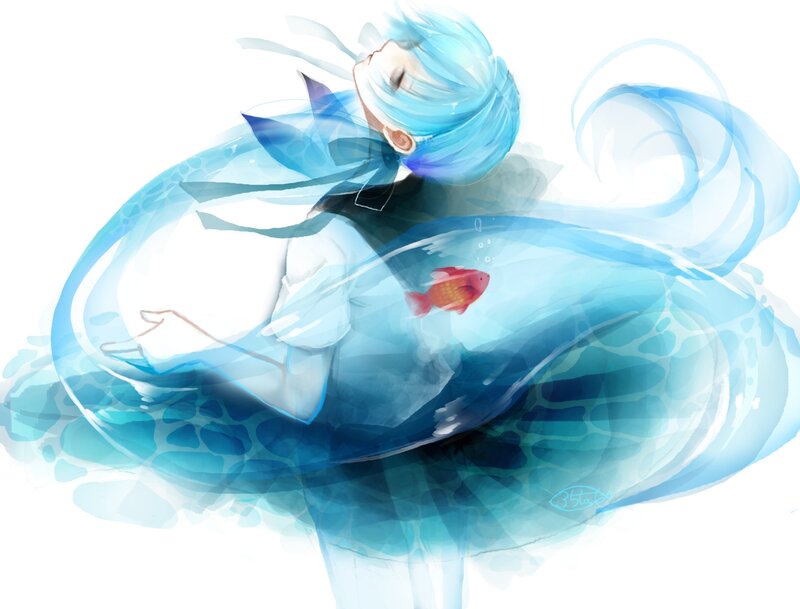 Blue-haired Character in Water — Blue, Serene