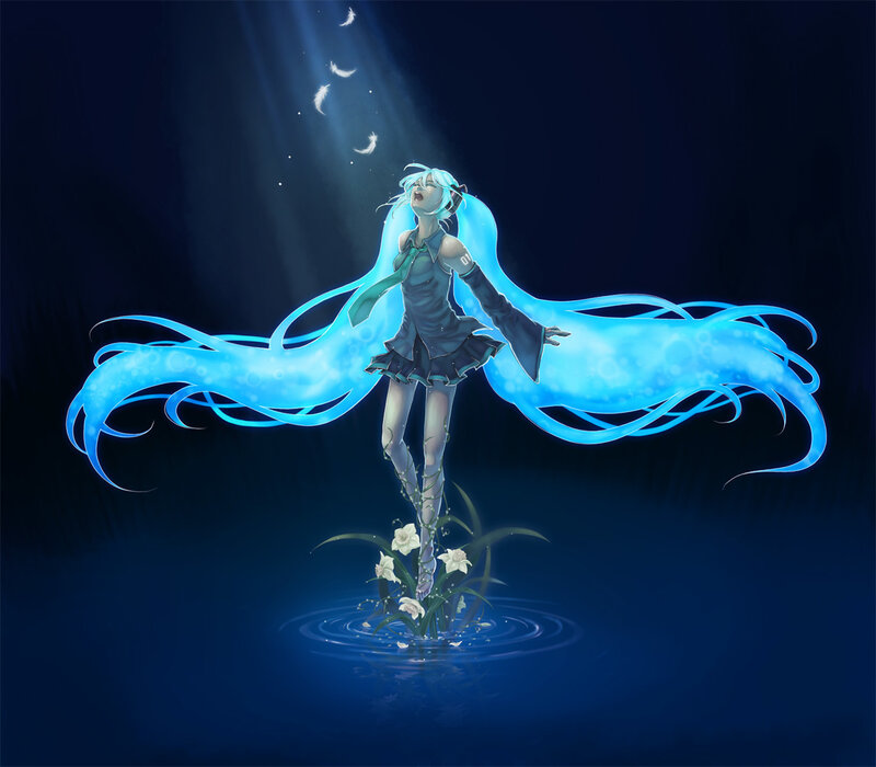 blue-haired character in water